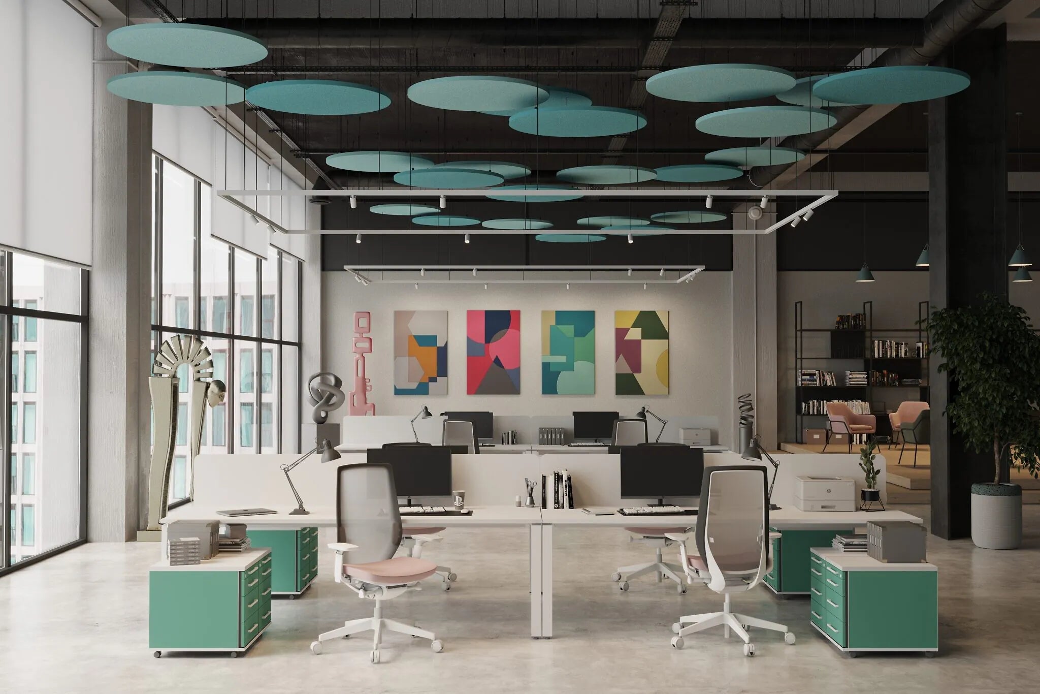 Fluffo acoustic AIR suspended panels and ART wall panels in office space 